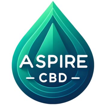 Logo of Aspire CBD featuring a stylized water droplet in gradient shades of turquoise forming a peak, with the company name 'ASPIRE CBD' in bold, capitalized white letters centered within the droplet design.